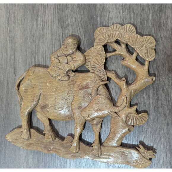 Hand-Carved Wooden Wall Decor Rustic Man On Oxen Scene 10" Chinese Asian Farmhou - Picture 4 of 7
